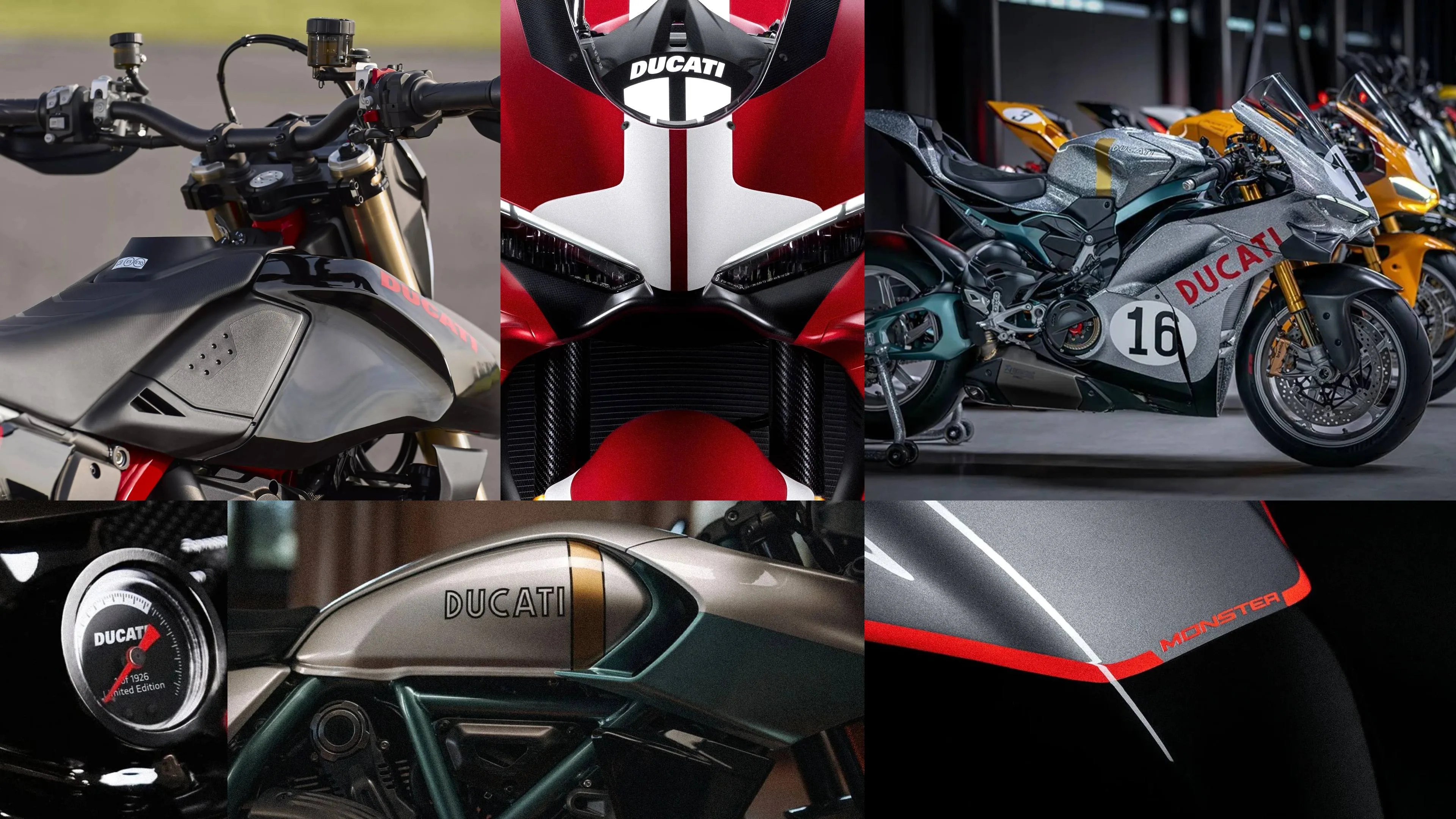 Collage of Ducati motorcycles showing close-ups of black and silver fuel tanks, a red and white front fairing, a silver race bike with number 16, a speedometer, and a black seat with red "Monster" text.