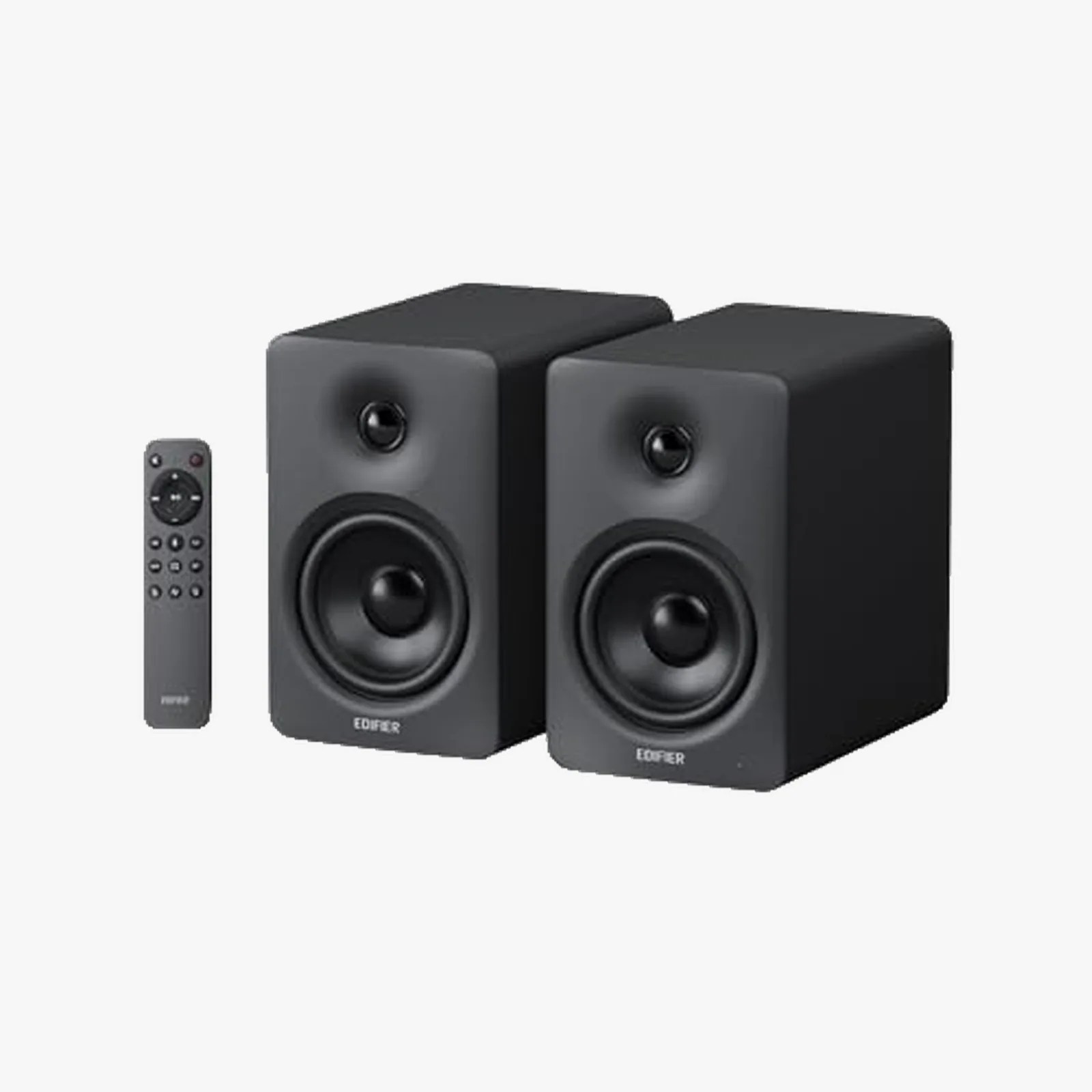 Pair of black Edifier bookshelf speakers with a matching black remote control.
