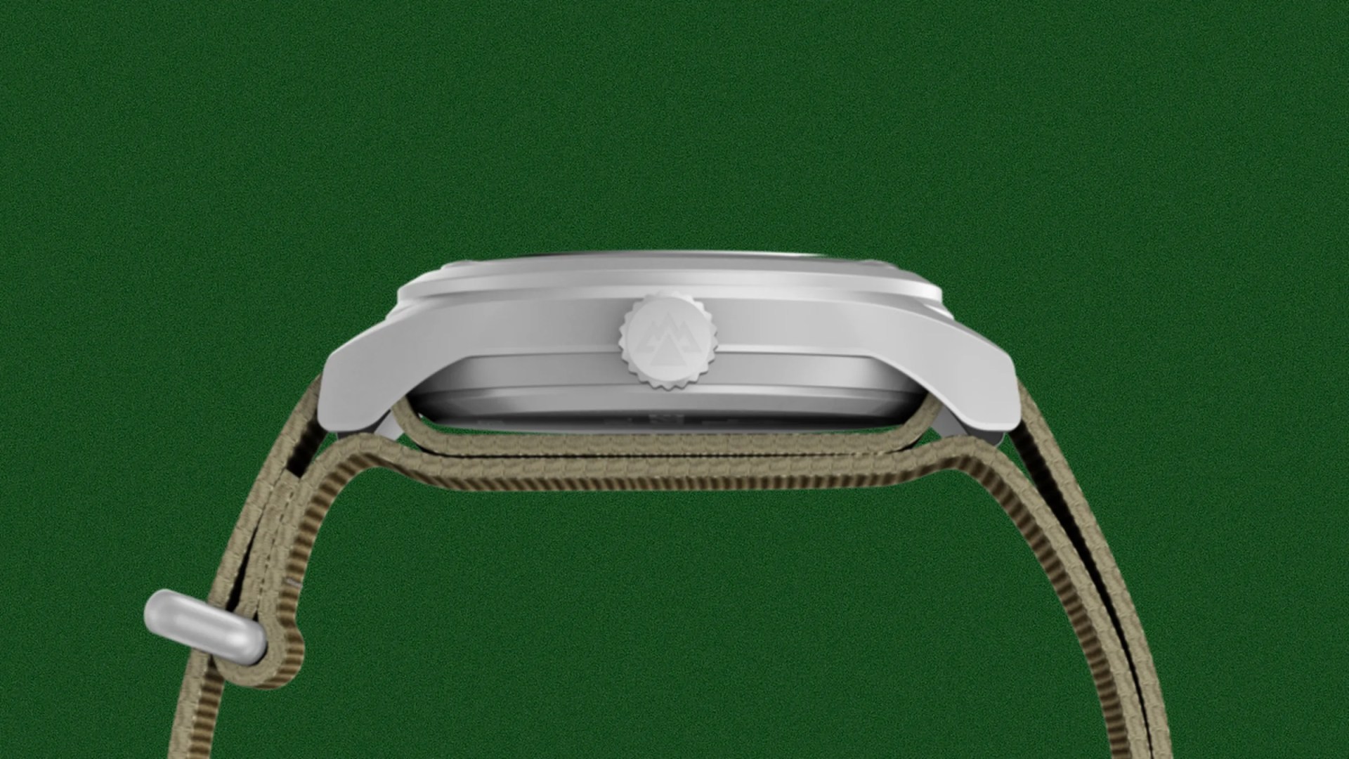 Side view of a silver watch case with a crown featuring a mountain logo and a khaki fabric strap.