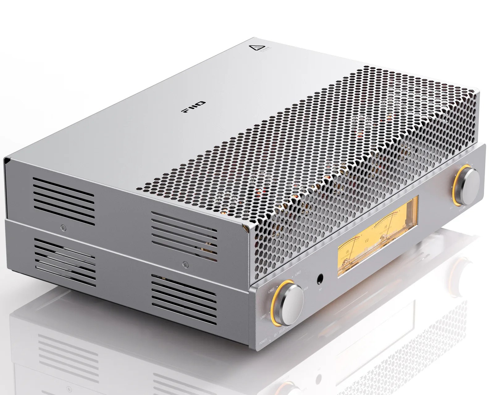 Silver metal audio amplifier with honeycomb ventilation and two large control knobs with orange backlight.