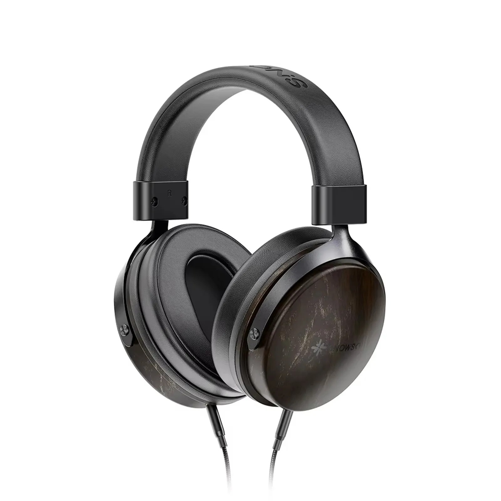 Over-ear headphones with black padded headband and dark wood-finish ear cups connected by braided cables.