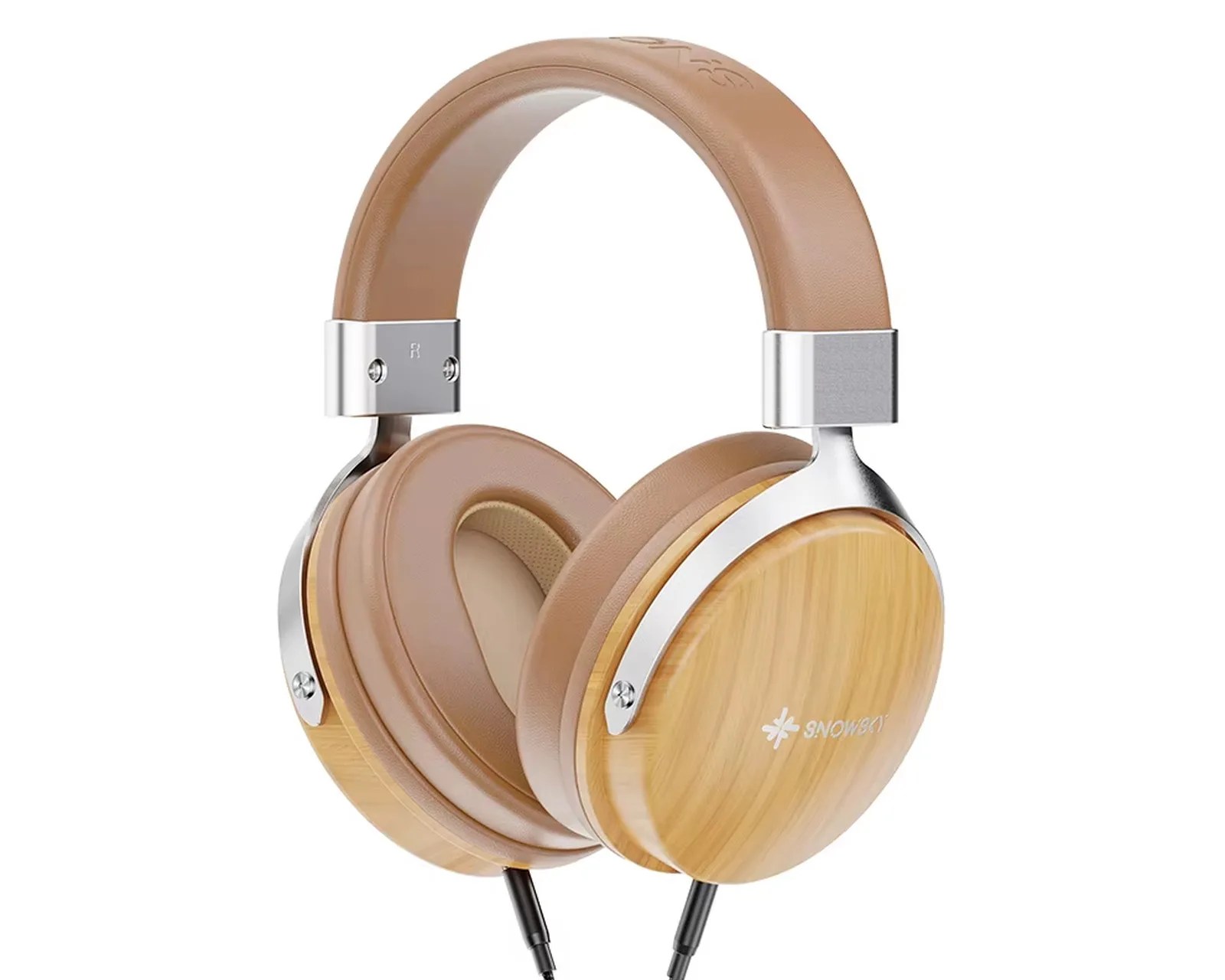 Over-ear headphones with tan leather padding and wooden ear cups with silver metal accents.
