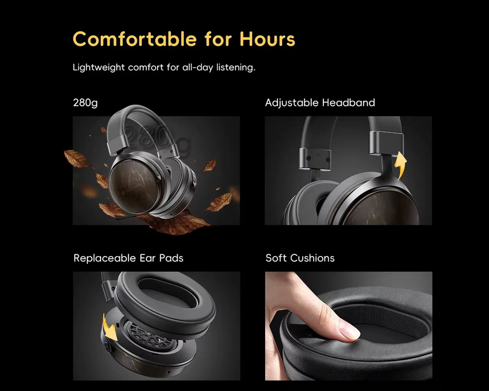 Black over-ear headphones with adjustable headband, replaceable ear pads, and soft cushions shown with comfort features.