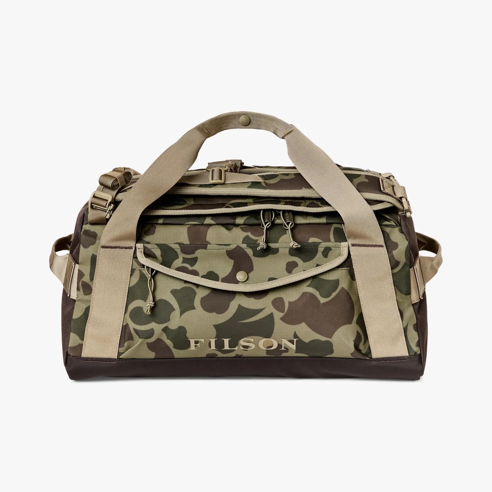 Camouflage-patterned Filson duffel bag with beige straps and front zippered pocket.
