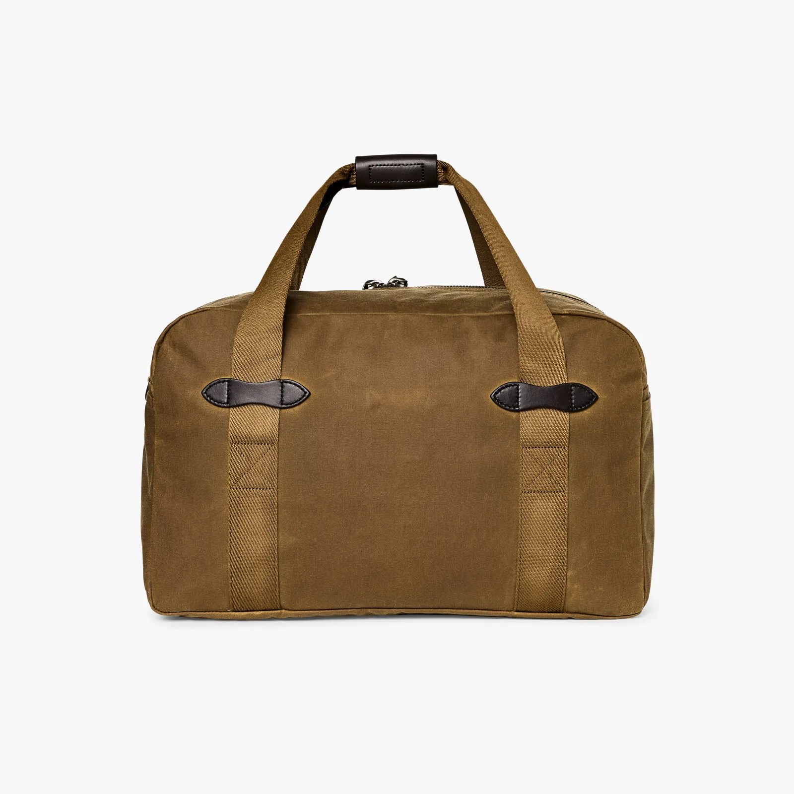Brown canvas duffel bag with wide straps and leather handle grip on a white background.