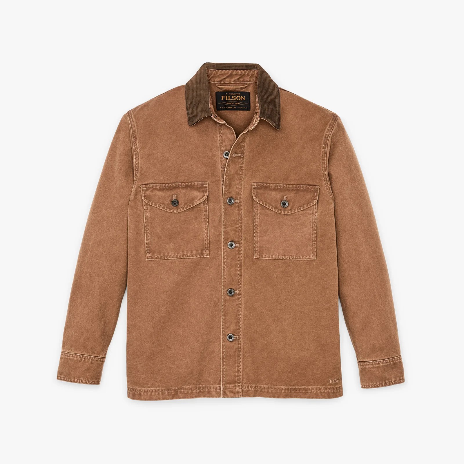Brown button-up jacket with two front flap pockets and a dark brown corduroy collar.