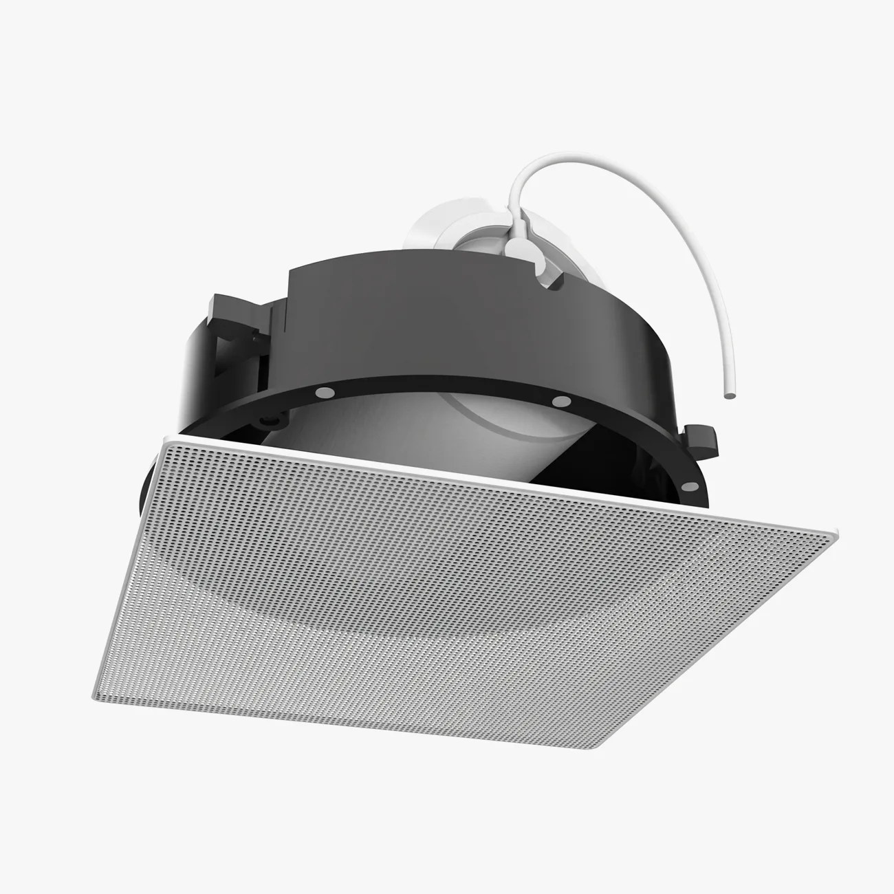 Square white perforated ceiling speaker with black mounting bracket and white wire.