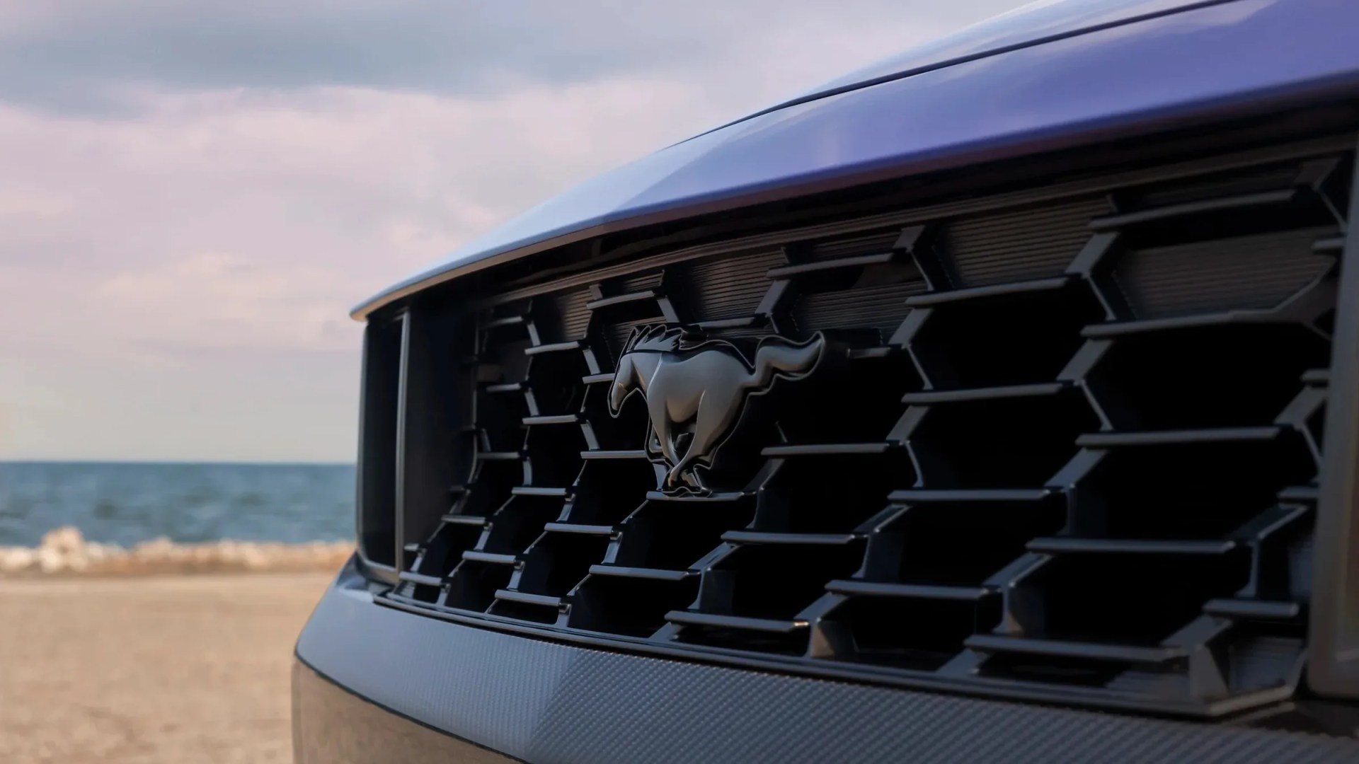 Close-up of a black Ford Mustang emblem on a dark grille with a beach and ocean in the background.