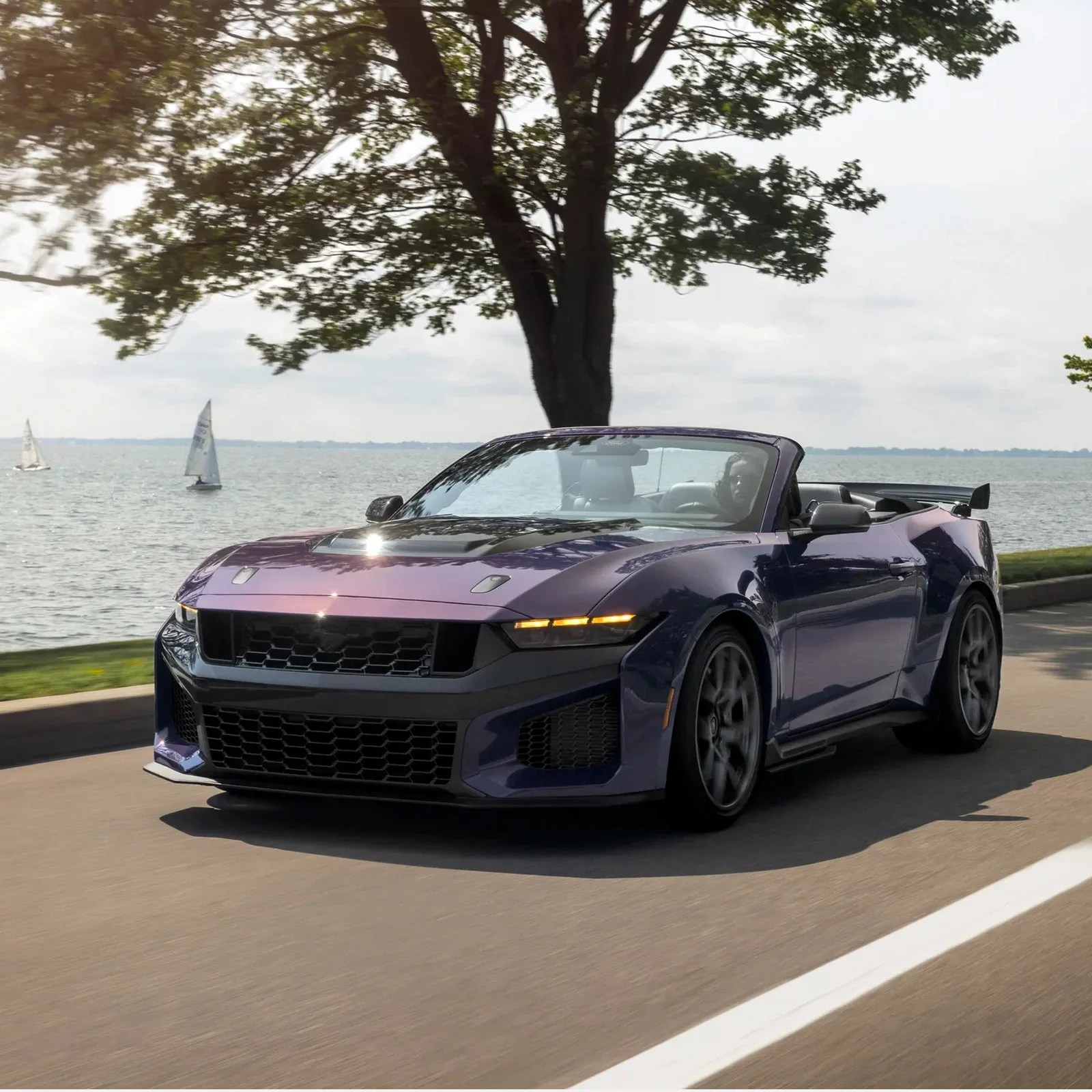 Dark purple convertible sports car driving on a road beside a lake with sailboats and a tree in the background.