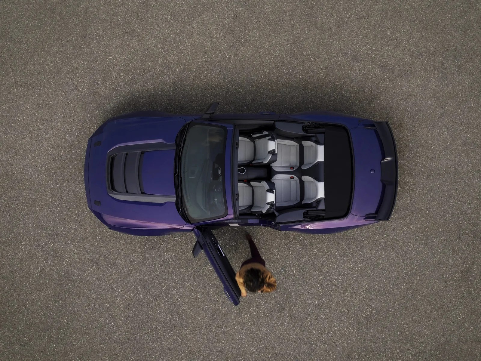 Top-down view of a purple convertible car with white and black seats and an open driver's side door on asphalt.