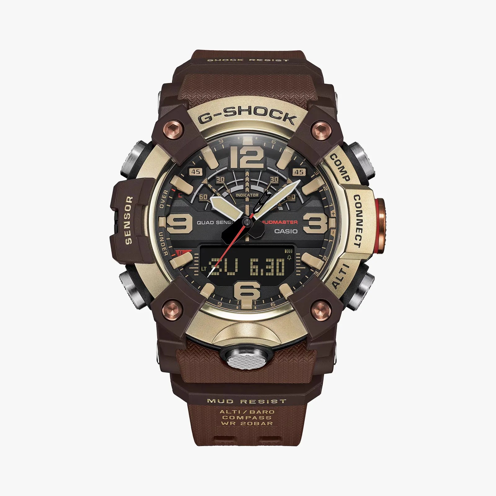 Brown Casio G-Shock Mudmaster watch with gold-tone bezel and analog-digital display.