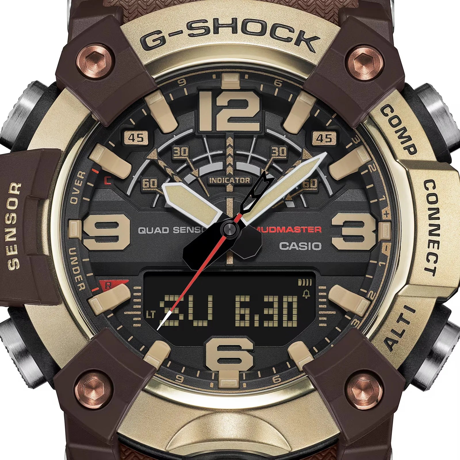 Close-up of a Casio G-Shock Mudmaster watch face with beige and black analog-digital display and brown protective casing.