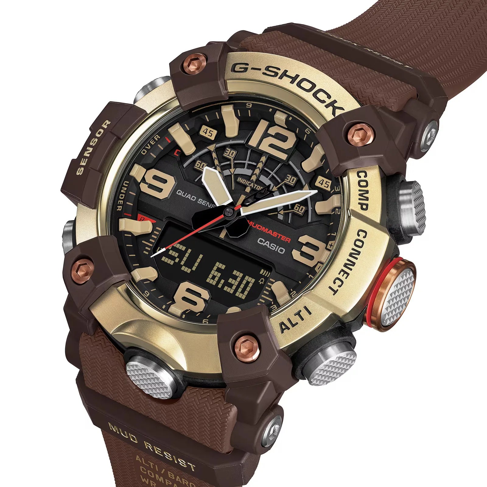 Brown and gold Casio G-Shock Mudmaster watch with analog-digital display and textured strap.