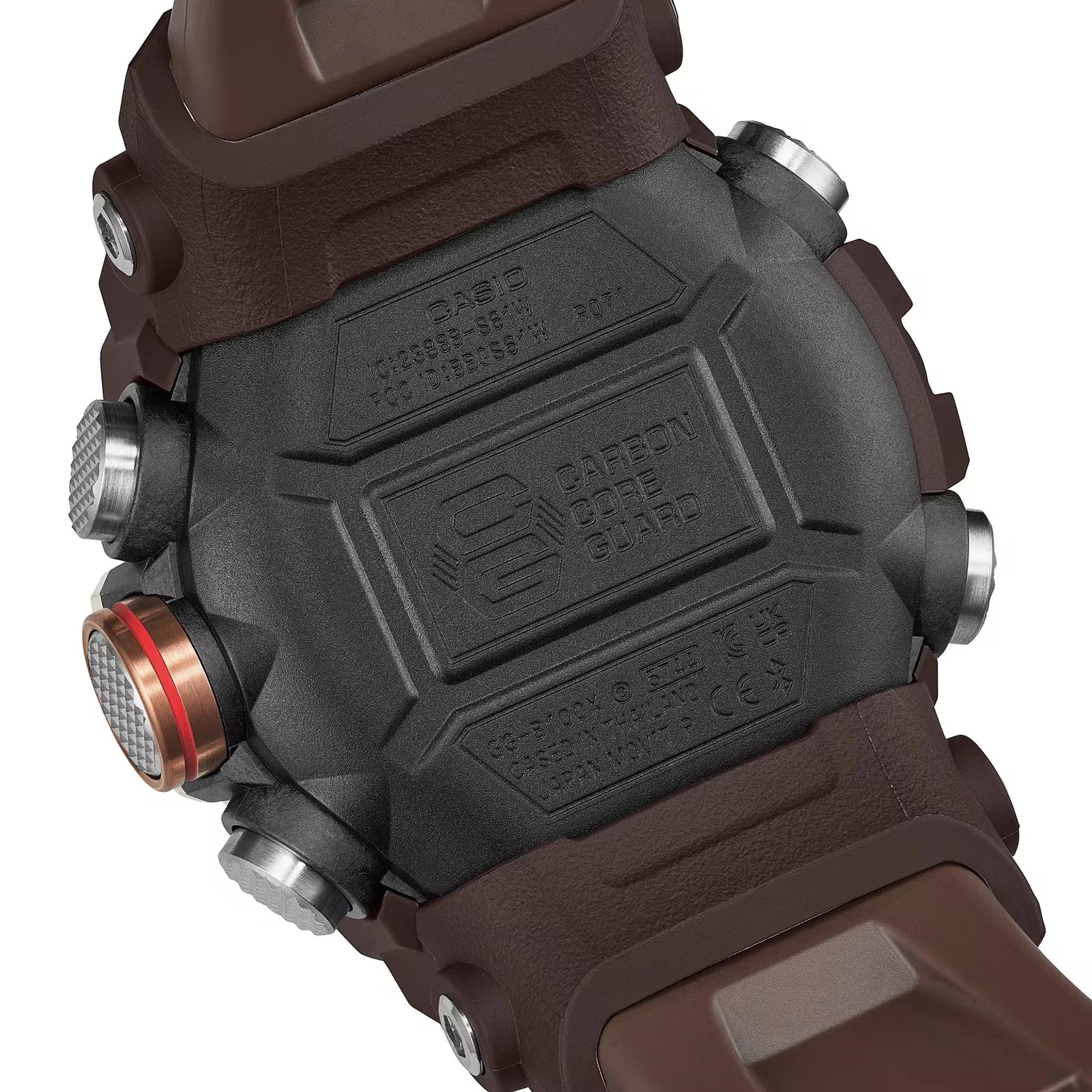 Close-up of the back of a Casio watch with Carbon Core Guard technology and brown strap.