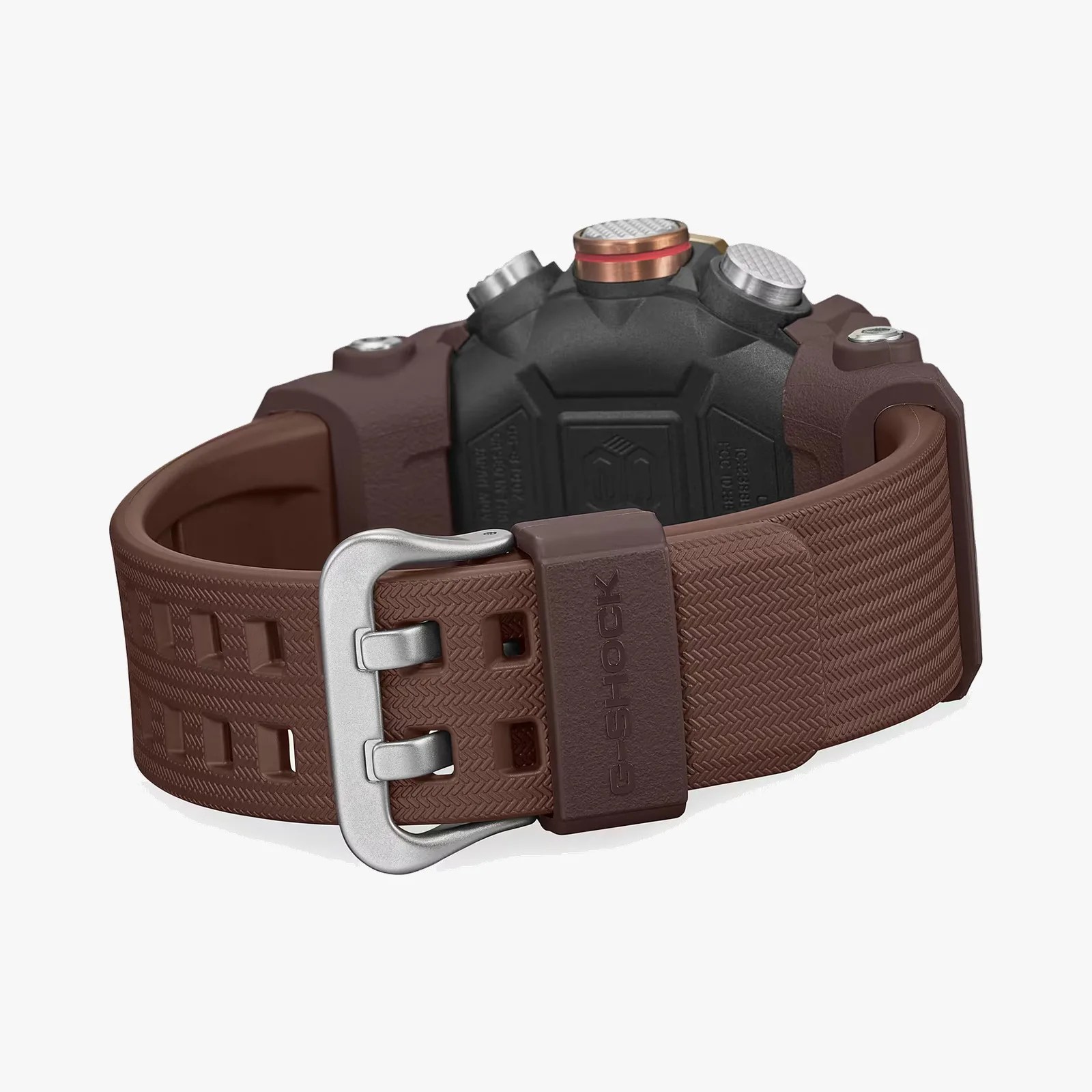 Brown textured resin watch strap with silver buckle and black watch case with metal buttons.