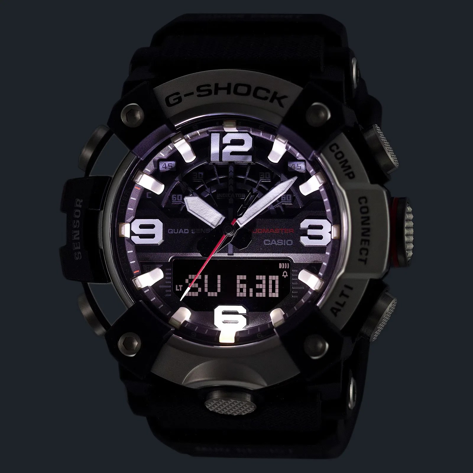 Black Casio G-Shock Mudmaster watch with illuminated white hour markers and hands, digital display, and rugged buttons.