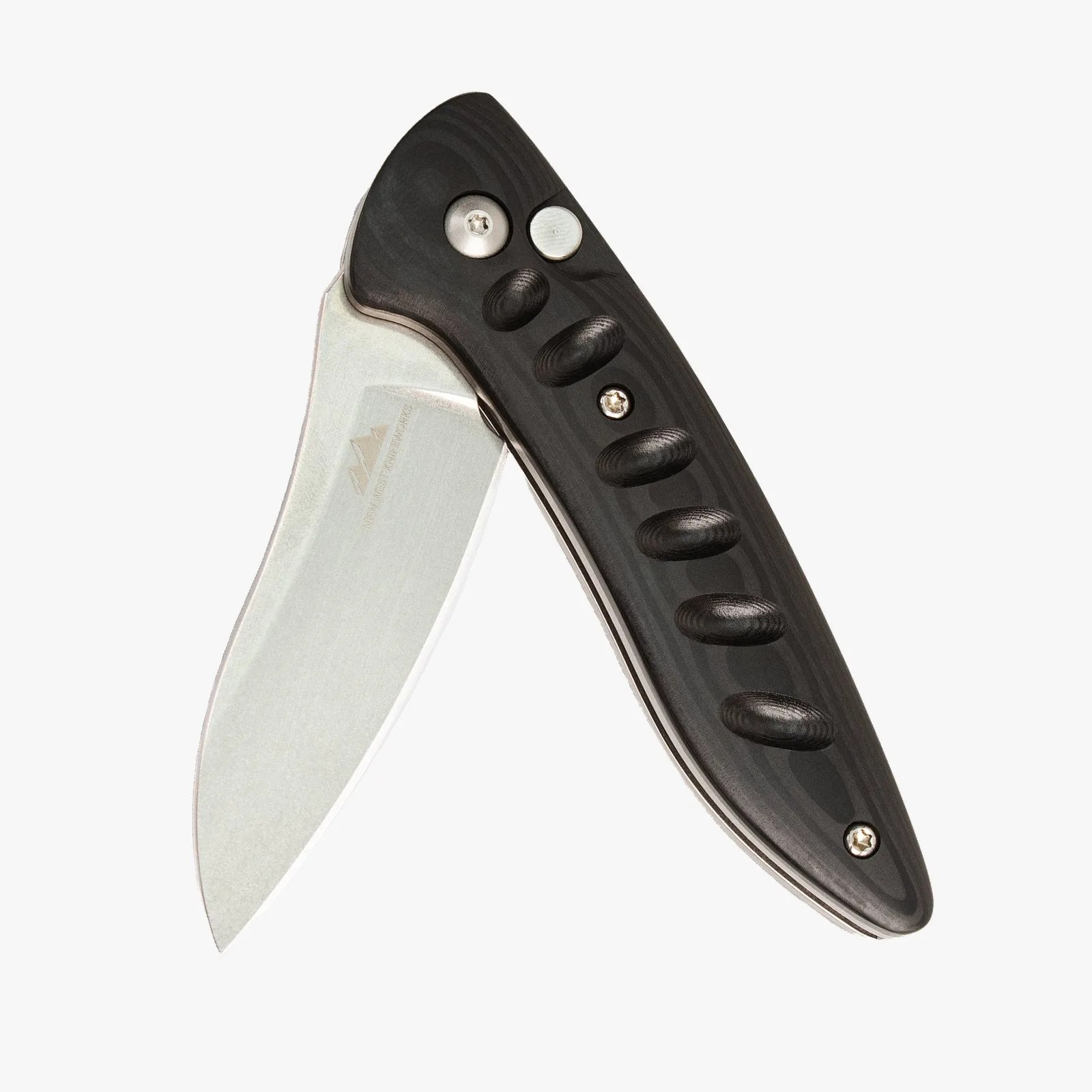 Folding knife with a partially open stainless steel blade and a black textured handle with finger grooves.