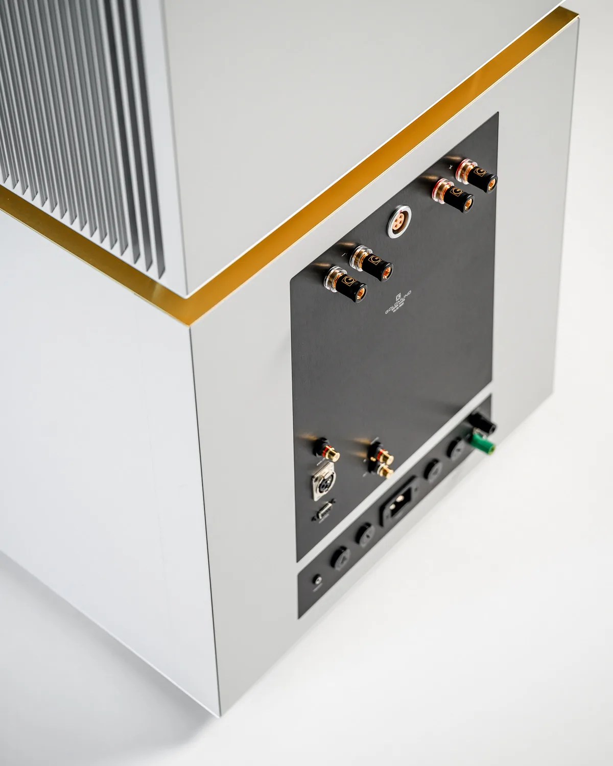 Silver audio amplifier with gold trim and multiple input/output connectors on a black panel.