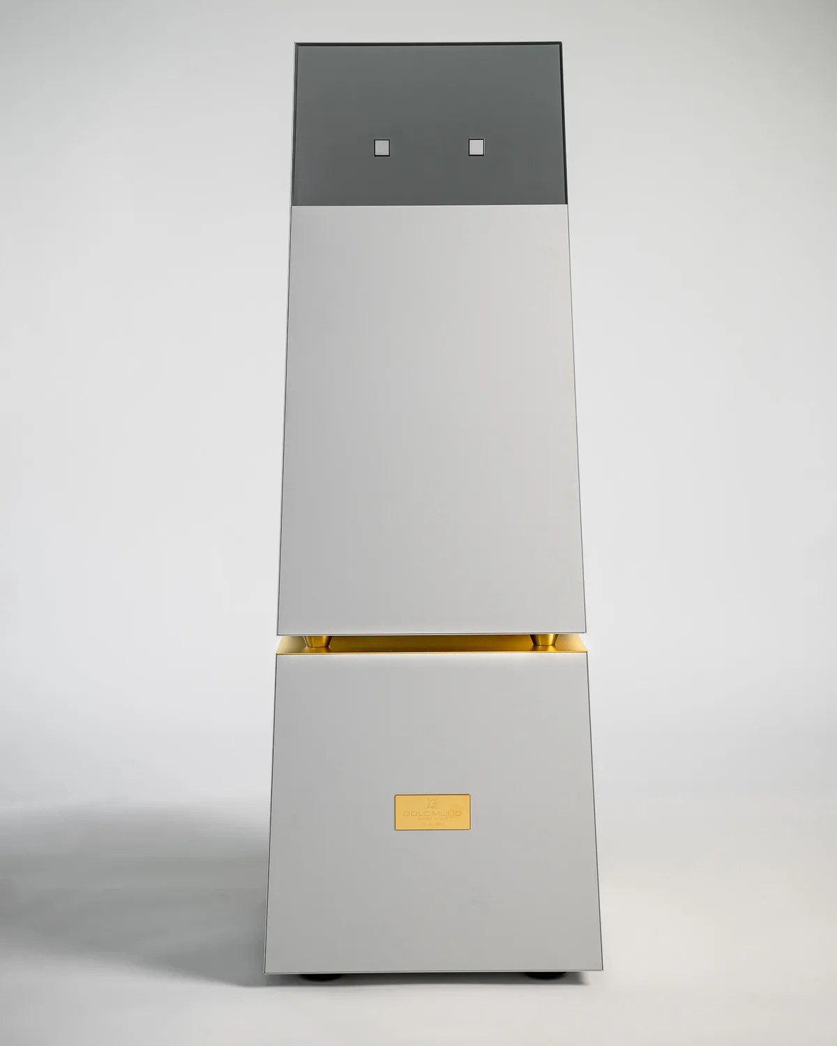 Tall, rectangular white speaker with a gray top section and gold accents on a white background.