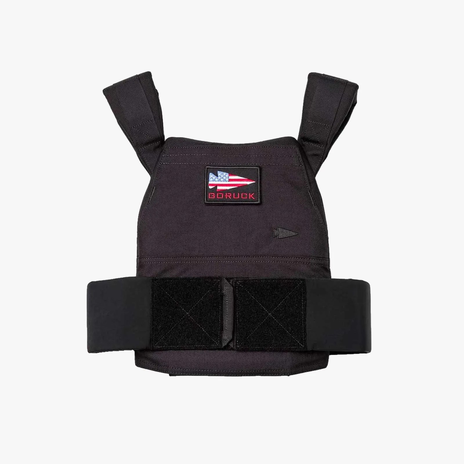 Black tactical plate carrier with adjustable shoulder straps and an American flag patch with "GORUCK" text.