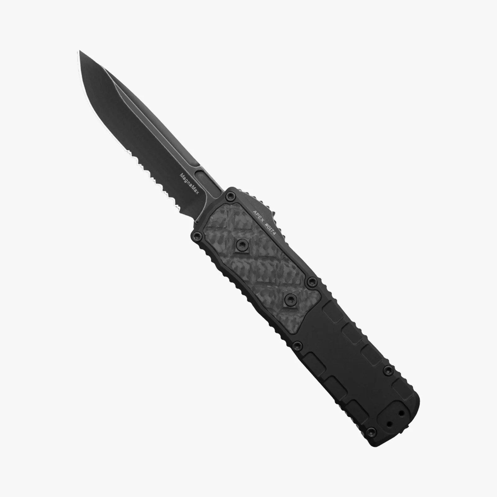 Black tactical folding knife with partially serrated blade and textured handle.