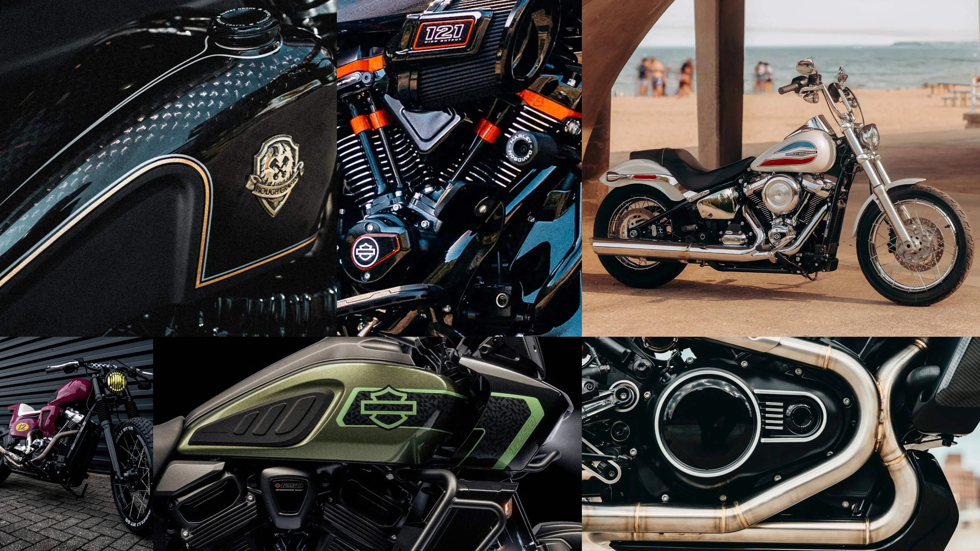 Collage of six close-up and full views of Harley-Davidson motorcycles, showcasing fuel tanks, engines, and a white motorcycle parked by the beach.