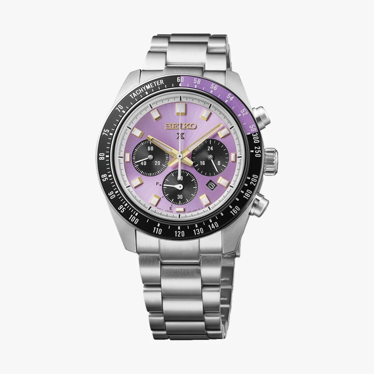 Silver metal Seiko chronograph watch with a purple dial, black subdials, and a black tachymeter bezel.