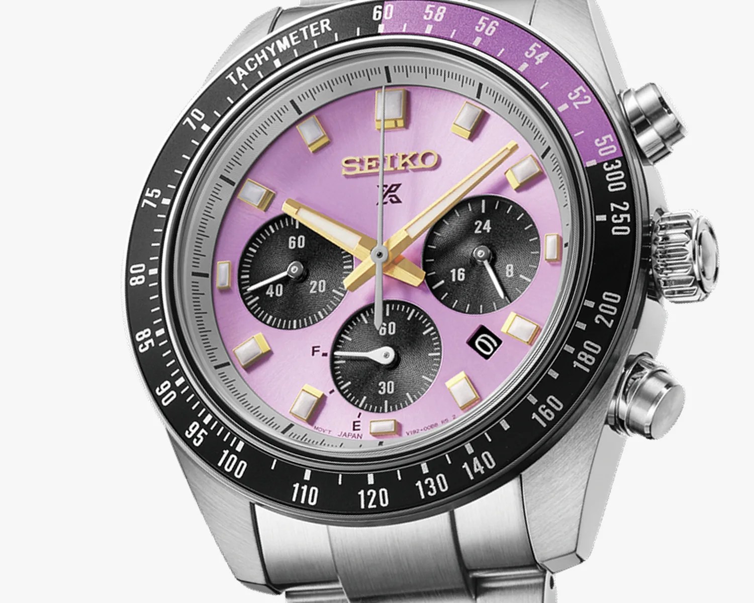 Seiko stainless steel chronograph watch with a purple dial, gold-tone hands and markers, and black subdials.