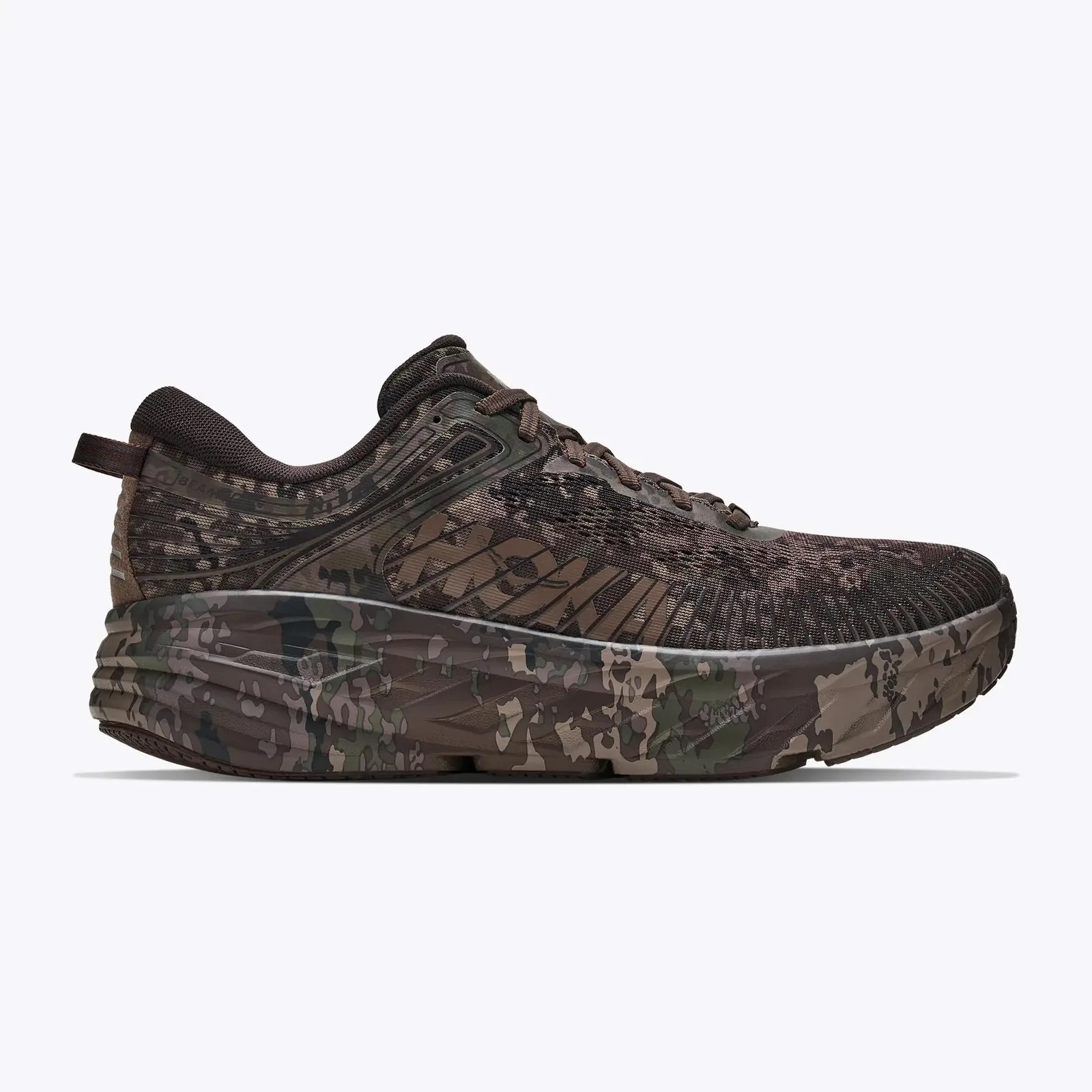 Dark brown and black camo-patterned Hoka running shoe with thick sole and mesh upper.