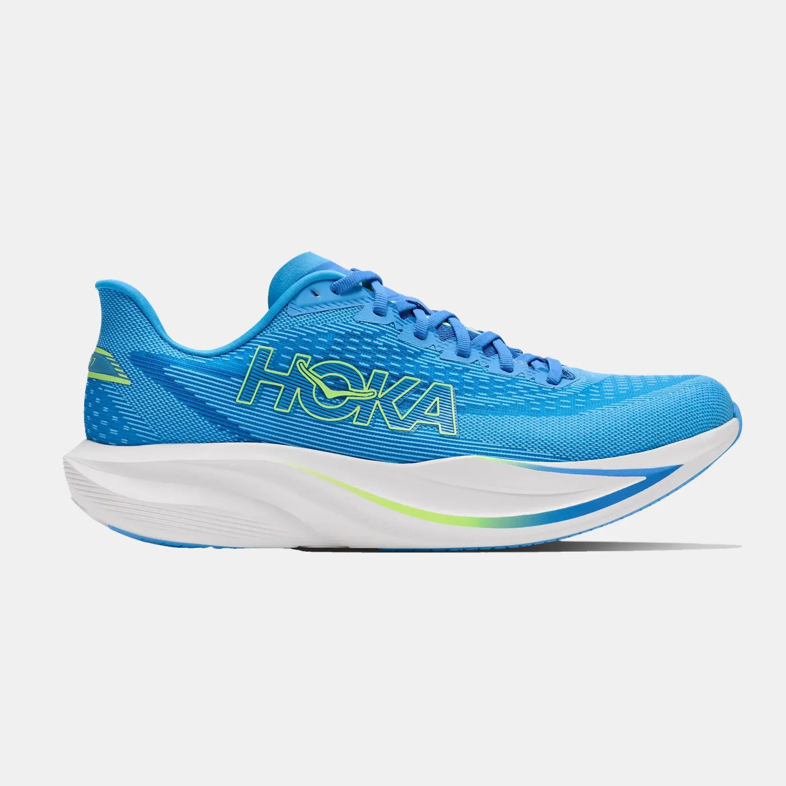 Blue Hoka running shoe with neon green logo and white cushioned sole.