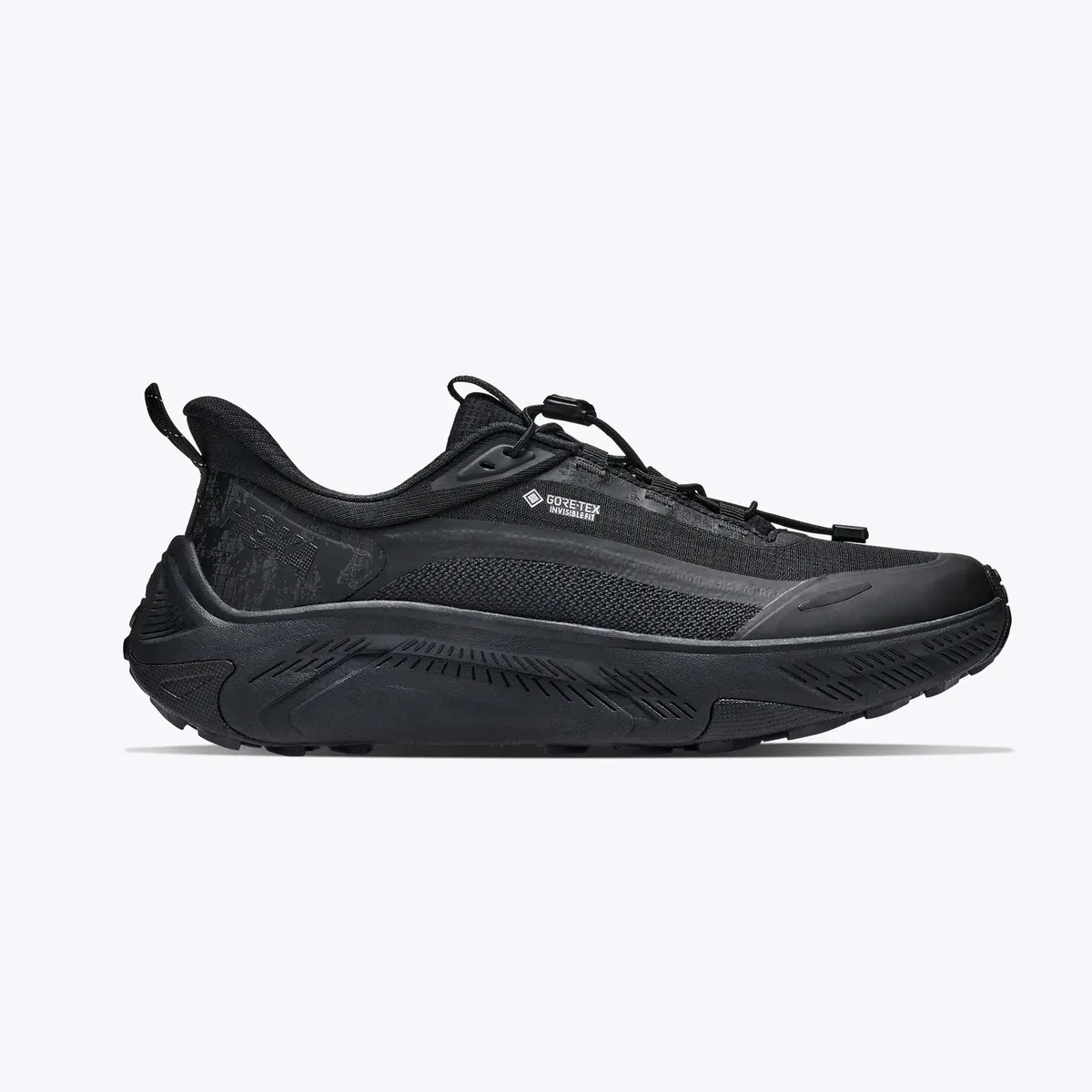 Black Gore-Tex running shoe with thick textured sole and pull tab at heel.