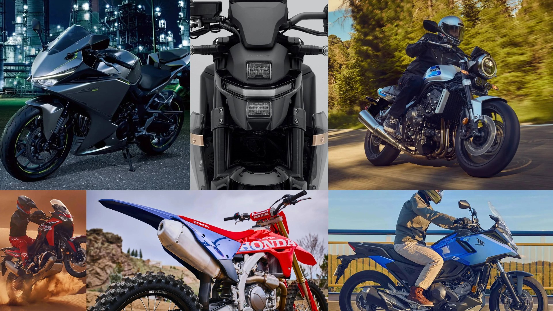 Collage of six motorcycles: top left is a gray sportbike at night with industrial background, top center is a close-up front view of a black motorcycle, top right shows a rider on a silver Honda motorcycle on a road with green trees, bottom left features a rider on a red adventure bike kicking up dust, bottom center is a close-up of a red and blue Honda dirt bike, bottom right shows a rider on a blue Honda motorcycle on a bridge.