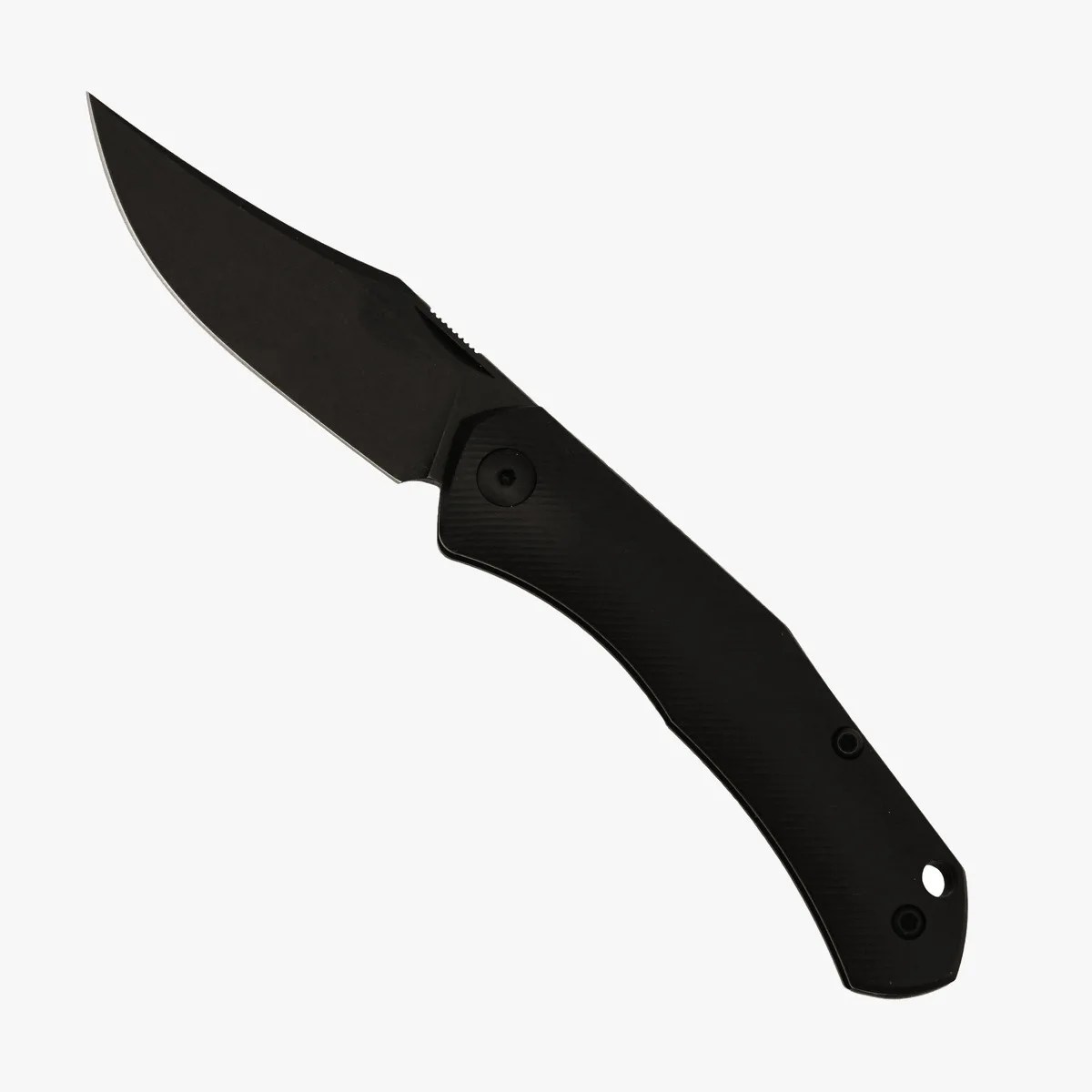 Black folding knife with a curved handle and a partially serrated blade.
