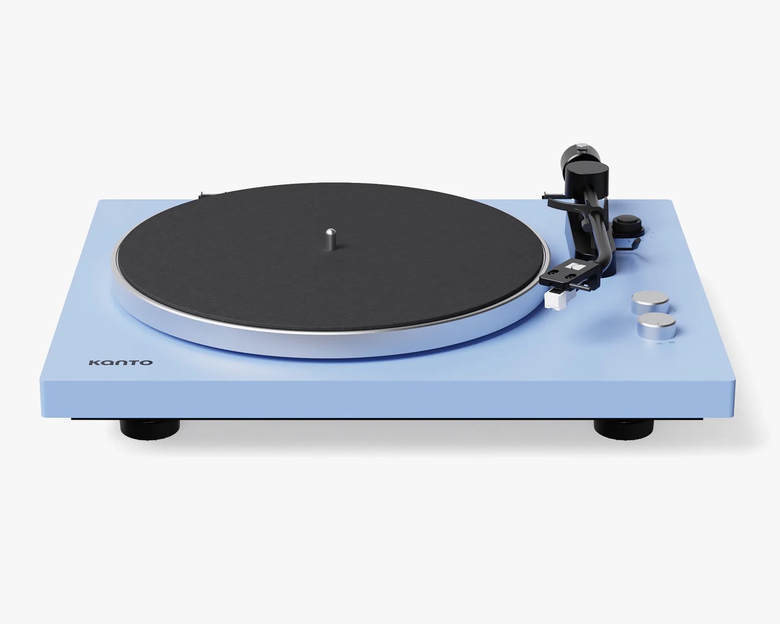 Light blue Kanto turntable with black platter and tonearm, silver control knobs, and black feet.