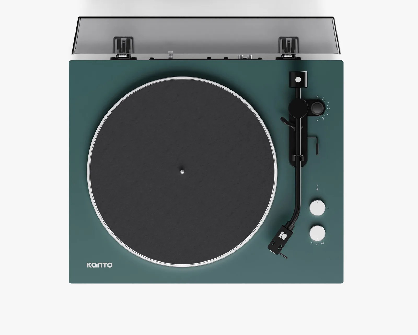 Teal Kanto turntable with black tonearm, two white control knobs, and a transparent dust cover.