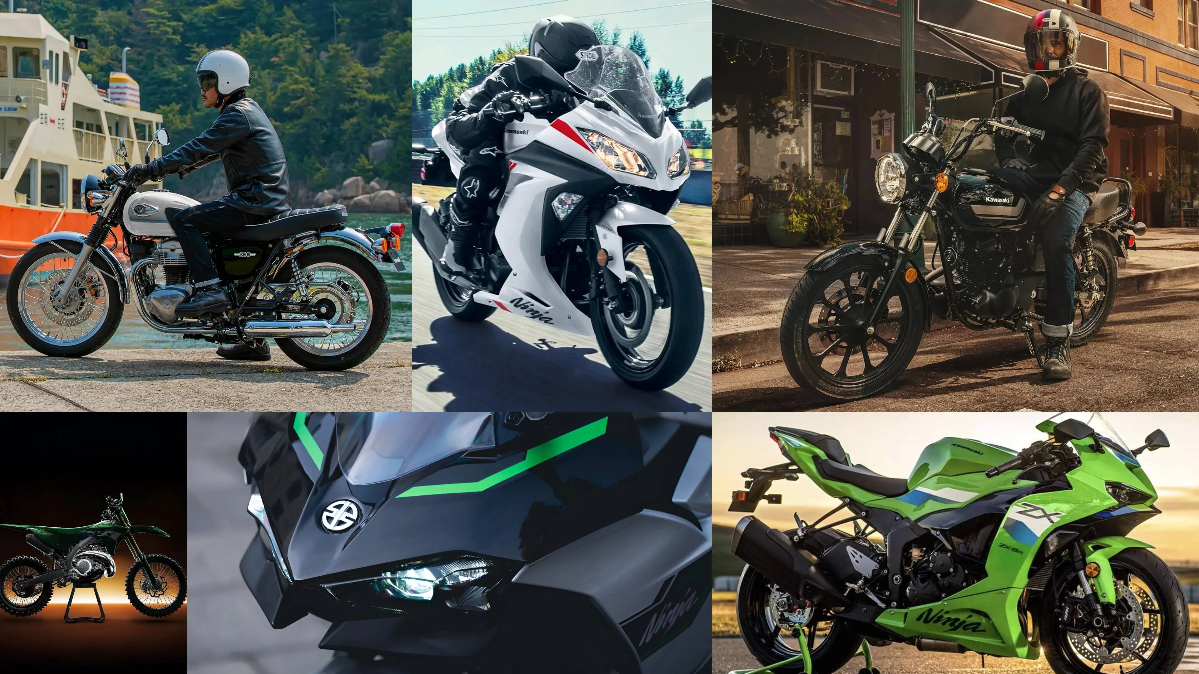 Collage of six Kawasaki motorcycles including classic, sport, and dirt bike models in various settings.