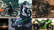Collage of six Kawasaki motorcycles including classic, sport, and dirt bike models in various settings.