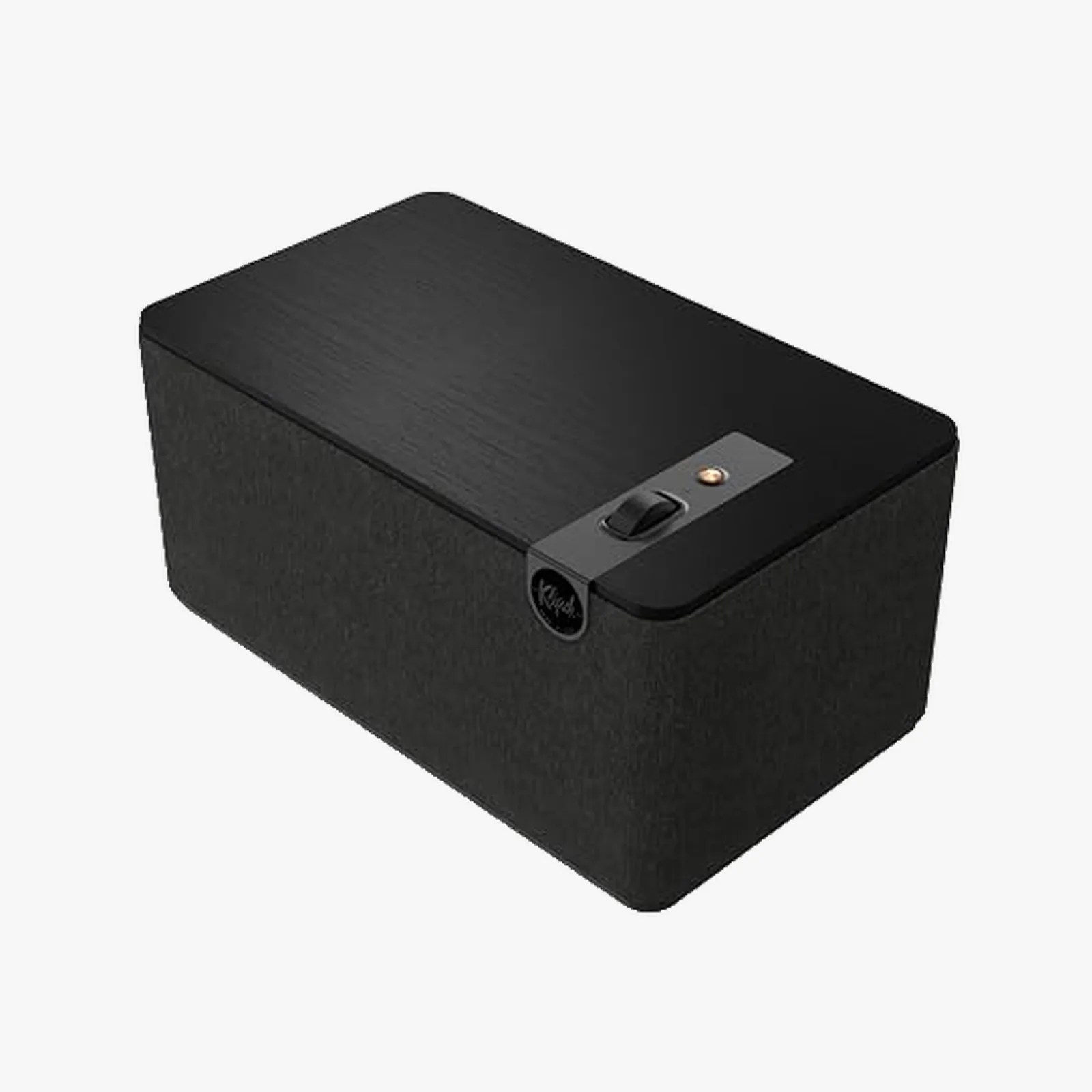 Black rectangular Klipsch speaker with fabric sides and a control switch on top.