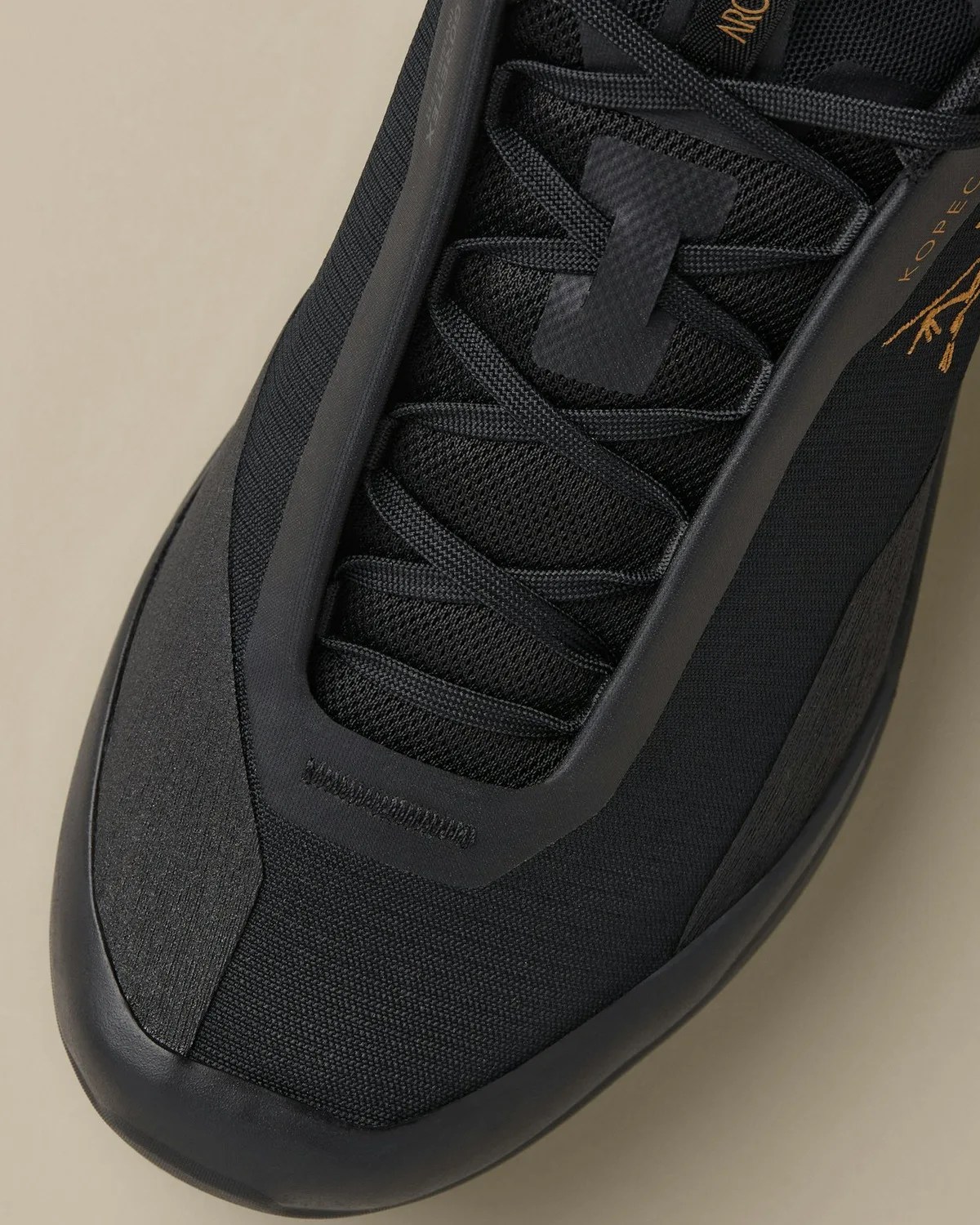 Close-up of a black sneaker with textured fabric, black laces, and a small gold logo on the side.
