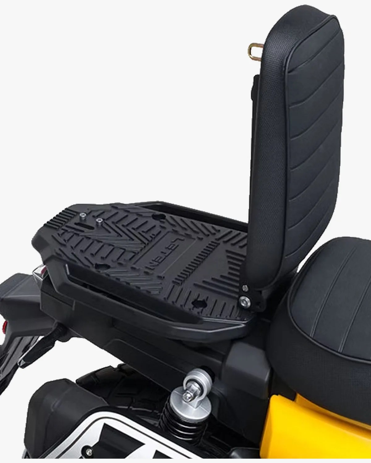 Black textured backrest attached to a black footrest platform on a yellow and black motorcycle.
