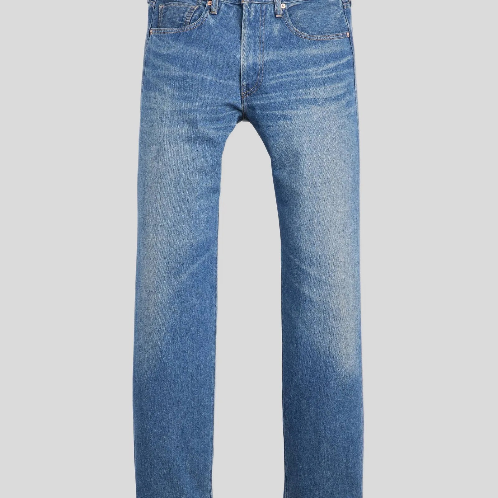 Blue denim jeans with a straight leg cut and subtle fading on the thighs.