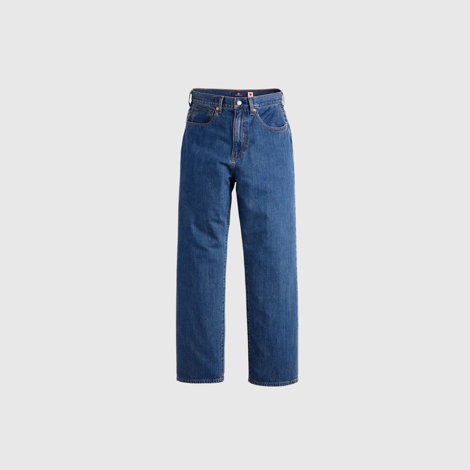 High-waisted blue denim jeans with a straight-leg cut on a plain background.
