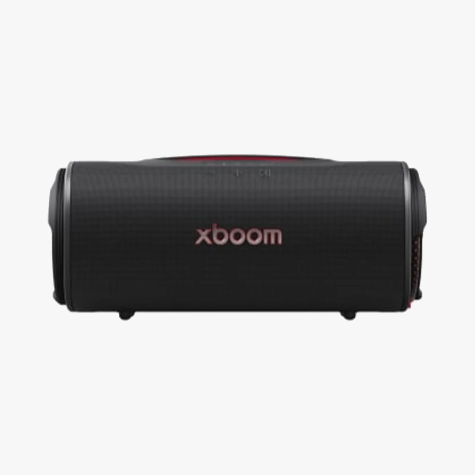 Black cylindrical portable Bluetooth speaker with "xboom" logo in red on front.