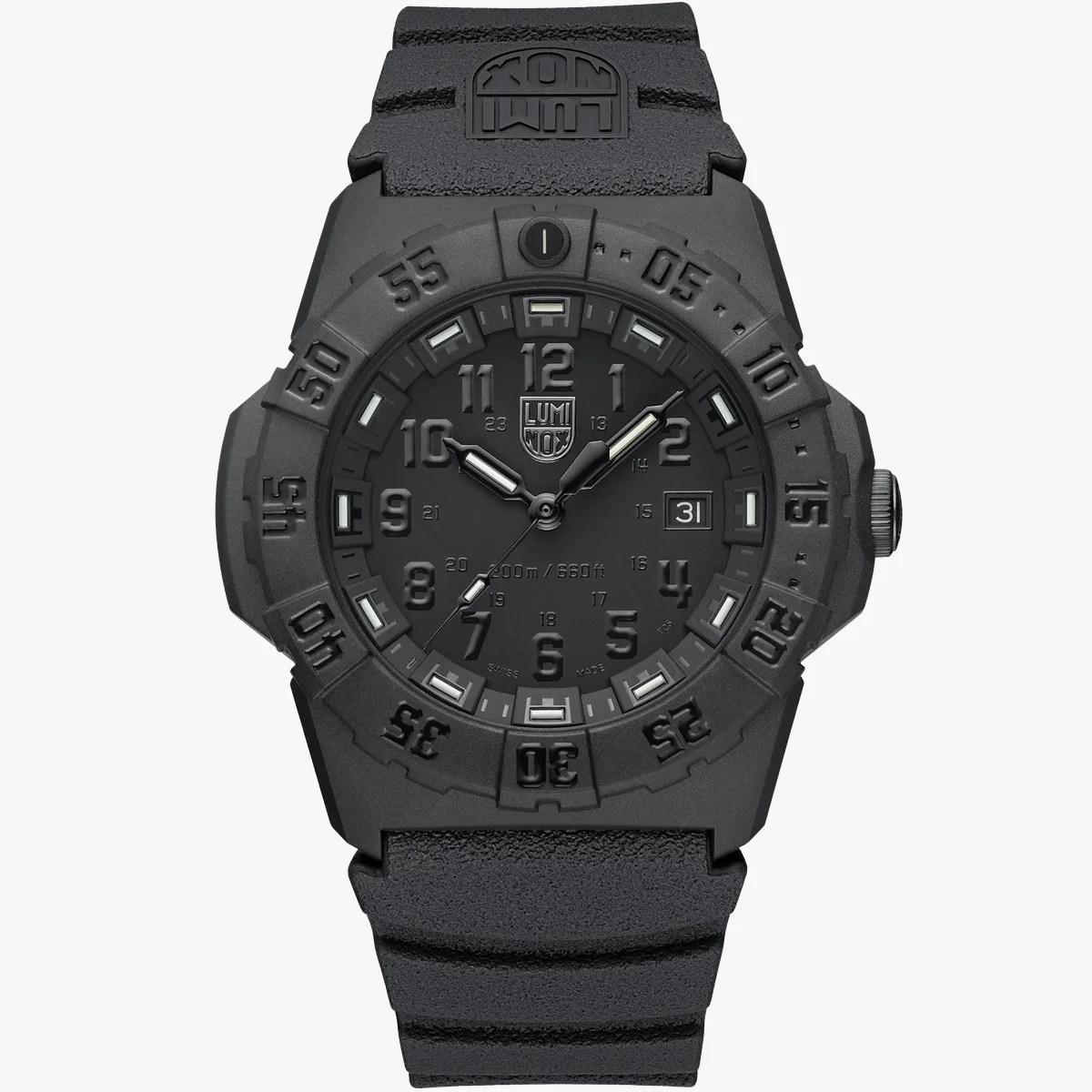 Black Luminox wristwatch with textured rubber strap, luminous hands, date display, and rotating bezel.
