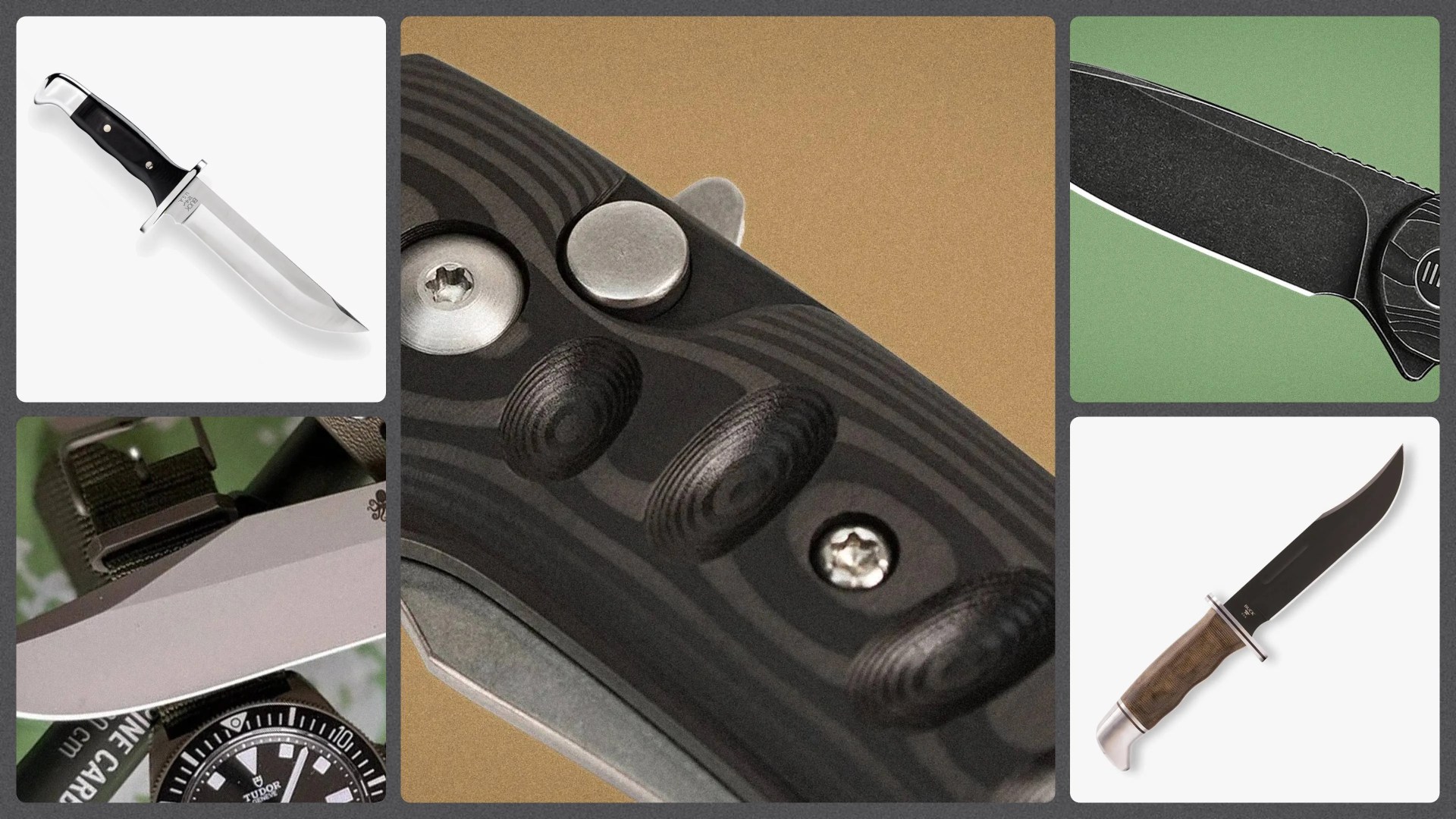 Close-up of a black textured knife handle with metal screws and a button.