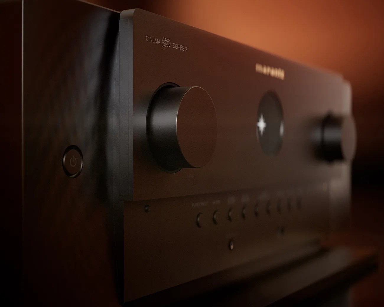 Black Marantz Cinema 50 Series 2 audio receiver with large knobs and buttons on the front panel.