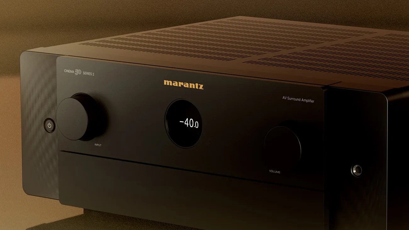 Black Marantz Cinema 50 Series 2 AV surround amplifier with digital display showing volume -40.0.