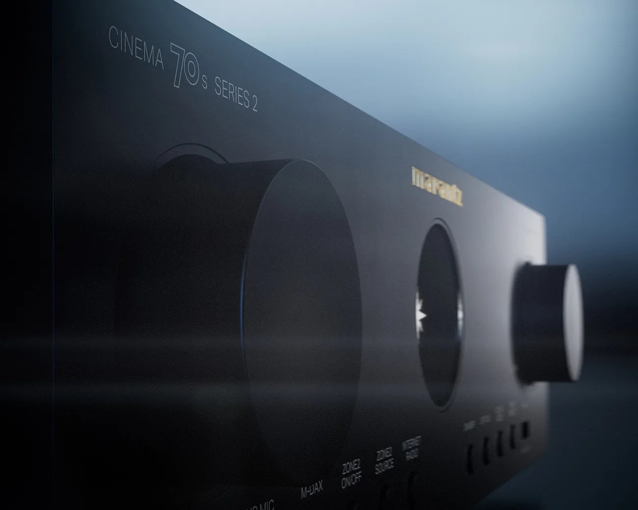 Close-up of a black Marantz Cinema 70s Series 2 audio receiver with large control knobs and buttons.