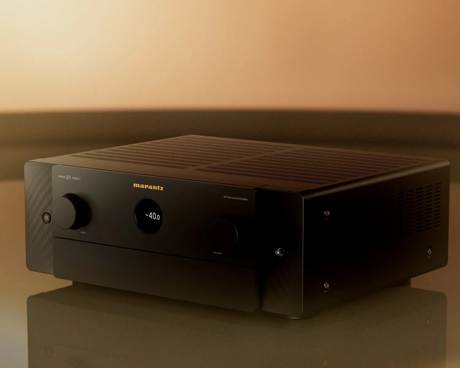 Black Marantz Cinema 50 Series 2 AV surround amplifier with digital display showing volume -40.0.