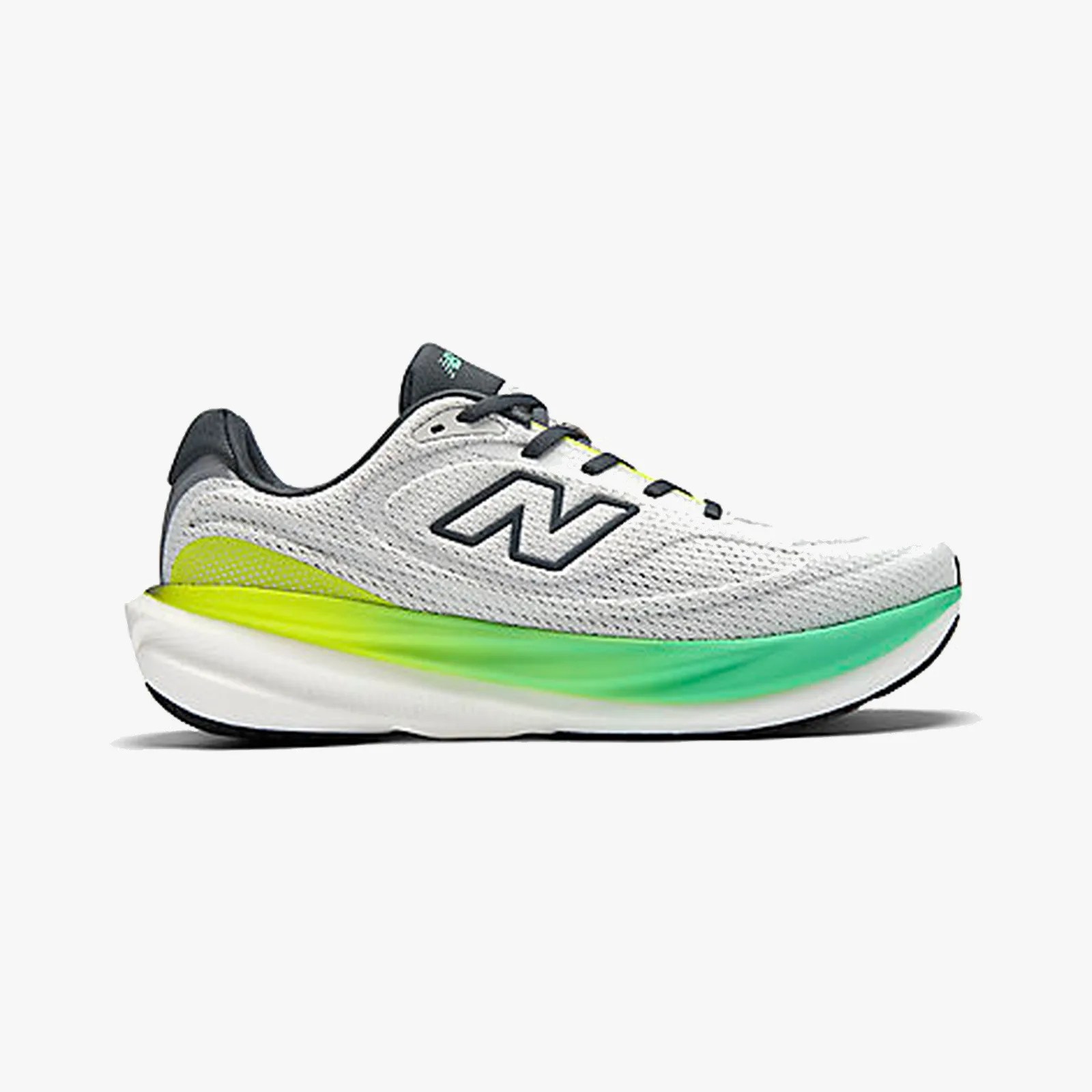 White and gray New Balance running shoe with black laces and a green-to-yellow gradient sole.